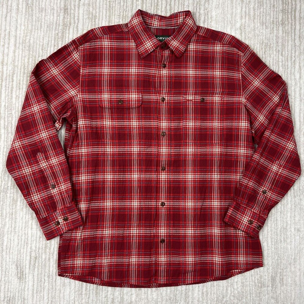 Orvis Active Fit Mens Size L Red Plaid Long‎ Sleeve Casual Shirt Front Pockets